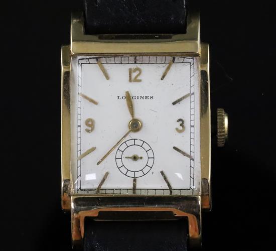 A gentlemans stylish 1930s? 14k gold Longines manual wind wrist watch,